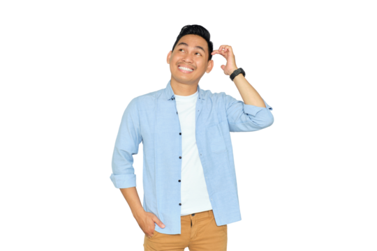 Confused young Asian man in casual clothes scratching his head, having doubts, trying to make right decision isolated on transparent background