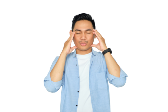 Portrait of handsome young Asian man in casual clothes massaging temples with closed eyes, trying to calm down isolated on transparent background