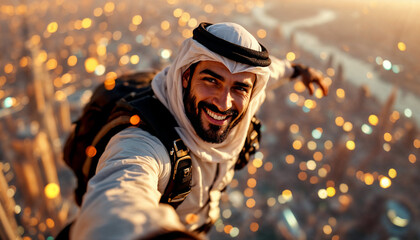 Smiling arabic man in traditional clothing taking a selfie from sky diving