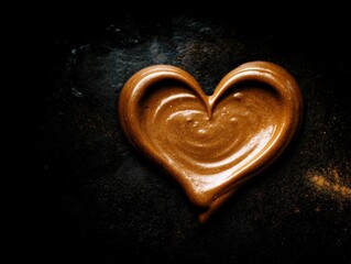 heart made out of melted chocolate on a black surface with copy space