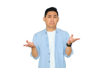 I don't know. Confused young Asian man in casual clothes shrugging shoulders and looking at camera with doubt isolated on transparent background
