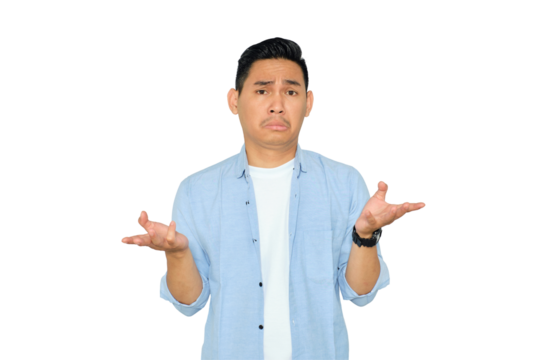 I don't know. Confused young Asian man in casual clothes shrugging shoulders and looking at camera with doubt isolated on transparent background