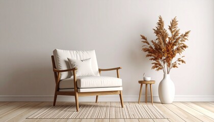 Minimalist living room with white vintage armchair carpet and elegant home decor including a dry plant in a vase against a copy space wall
