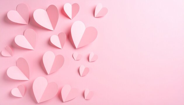 Composition for Valentine's Day February 14th. Delicate pink background and pink hearts cut out of paper. Greeting card. Flat lay, top view, copy space.