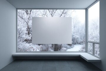 Modern room with large window, snow-covered trees, blank canvas