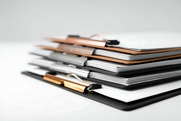 Fototapeta premium Stacked Clipboard Documents: A close-up, professional shot showcasing a stack of clipboards with documents, ready to be organized and reviewed.