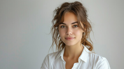 portrait of an adult girl in a white shirt on a gray background copy space