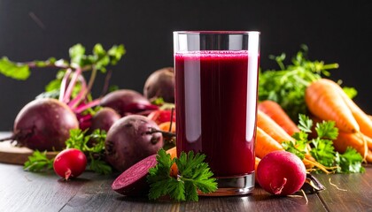 Tall glass with vegan smoothie juice made of red vegetables like radishes purple carrots beets and turnips