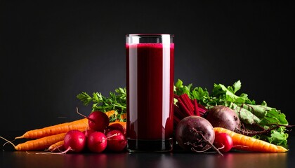 Tall glass with vegan smoothie juice made of red vegetables like radishes purple carrots beets and turnips