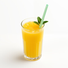 A glass of orange juice with a straw and mint sprig on a white background