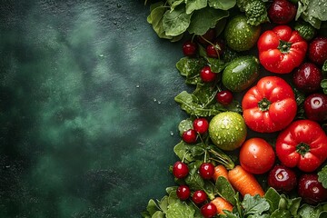 Fresh Vegetables and Cherries with Water Droplets on a Textured Green Background