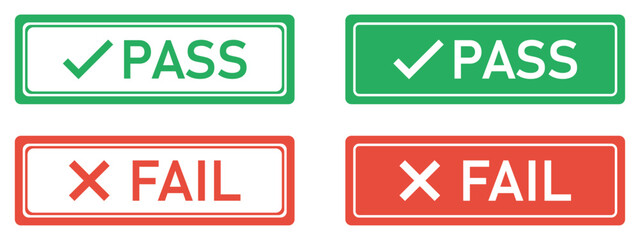 Set of green pass and red fail stamp icons, rectangular stickers with tick and cross symbols, quality control approval and rejection labels, ISO audit status signs, isolated vector on white background
