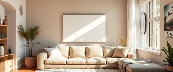 Cozy neutral living room mockup with sunlight streaming onto a blank canvas above a plush sofa, sunlight, aesthetic