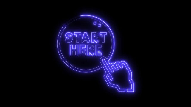 Neon start here button pointer animation on black background guidance and beginning concept