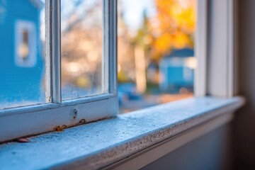 Close-up of a window sill, with a view of autumn leaves and houses beyond