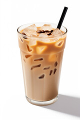 Iced coffee drink in glass with straw and coffee beans isolated on white background