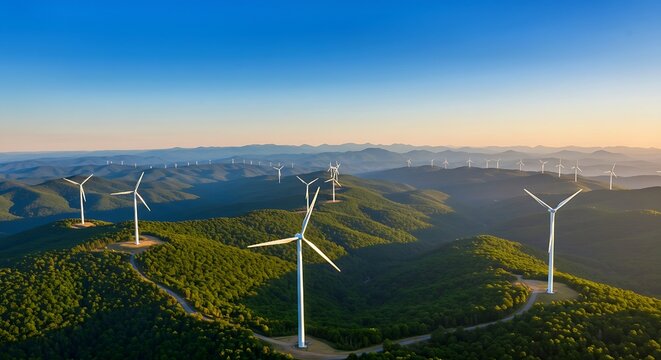 Panoramic View of the Blue Ridge Mountains with Wind Turbines — Harmony of Nature and Renewable Energy - Powered by Adobe