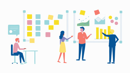 Illustration of a business meeting with people discussing charts and sticky notes on whiteboards