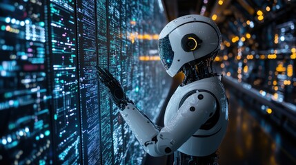 a futuristic robot interacting with a complex data display showcasing advanced ai and machine learning algorithms reflecting the integration of robotics and information technology