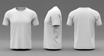Photo of a white tshirt is shown from three different angles on a gray background