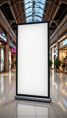 Empty advertising stand in a modern shopping mall with a bright empty space for promotional content