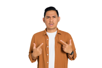 Unhappy young Asian man in casual shirt asking why me and looking irritated isolated on transparent background