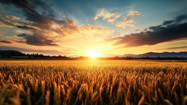 Golden hour illuminates a rural community empowered by clean technology, showcasing sustainable agriculture and the transformative impact of innovation.