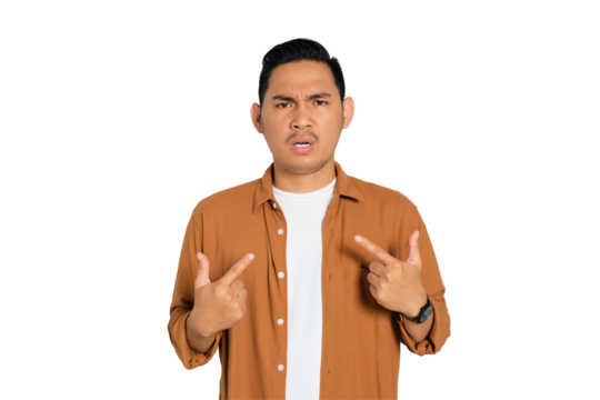 Unhappy young Asian man in casual shirt asking why me and looking irritated isolated on transparent background