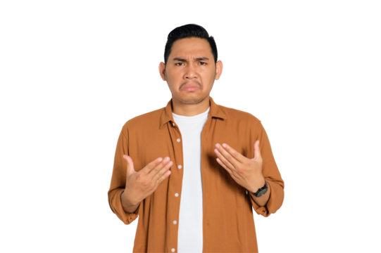 Unhappy young Asian man in casual shirt asking why me and looking irritated isolated on transparent background