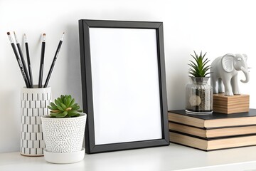 Modern Home Decor Mock-Up with Black Frame, White Shelf, Succulent, Elephant Figurine & Glass Pencil Holder 