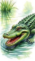 Obraz premium Realistic and Vibrant Crocodile Swimming in Serene Water Surrounded by Lush Green Grass and Natural Environment