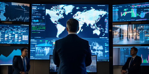 Business professionals analyzing global data in control room, Business team discussing analytics in monitoring room, Group of professionals studying world data on screens

