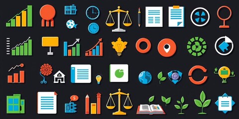 Diverse education icons including charts, scales, documents, and sustainability symbols,  learning,  correct