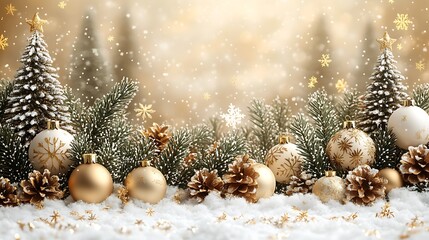 Festive christmas scene with ornaments pine cones snowflakes and decorated christmas trees