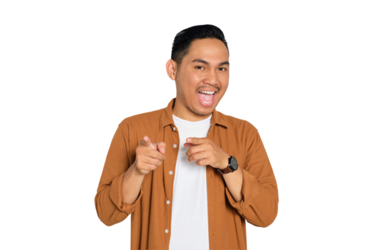 Hey, you! Cheerful young Asian man in casual shirt pointing index finger at camera isolated on transparent background