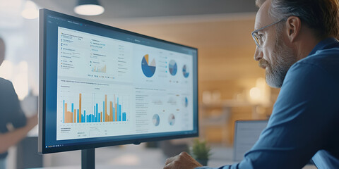 Business professional analyzing data on computer screen, Office worker studying business analytics, Senior man reviewing charts on monitor

