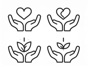 Obraz premium Four line art illustrations showcasing hands cupping a heart and growing plants.