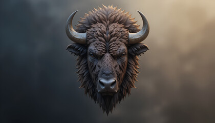 Majestic bison head with detailed fur and imposing horns, showcasing strength against a soft gradient backdrop, evoking wildlife and nature.