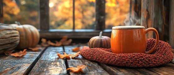 Pumpkin mug with latte, cozy scarf, and rustic textures