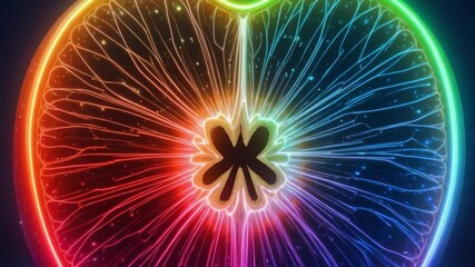 Vibrant Neon Apple Halves: A Colorful and Futuristic Fruit Display in Dark Background - Powered by Adobe