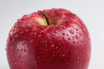Red apple with water droplets sitting on white background