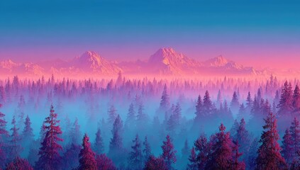 Panoramic view of a misty mountain forest at sunrise