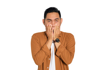 Tired young Asian man in casual shirt rubbing his face down with hand isolated on transparent...