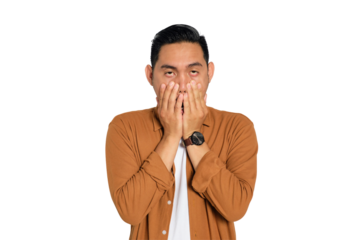 Tired young Asian man in casual shirt rubbing his face down with hand isolated on transparent background