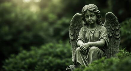 Fototapeta premium Stone Angel Statue Sitting Cemetery Garden Remembrance Peace