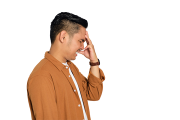 Tired Asian young man in casual shirt suffering from headache or migraine isolated on transparent background