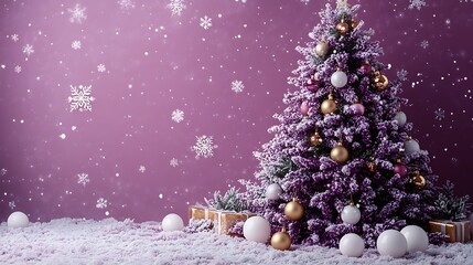Festive christmas tree decorated with ornaments and snowflakes against a purple background