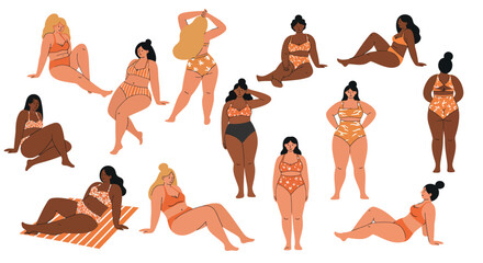 Summer beach day vector illustration for body positivity, flat style design for posters and cards
