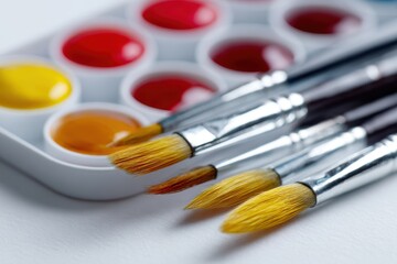 Watercolor paint set with brushes arranged neatly on white