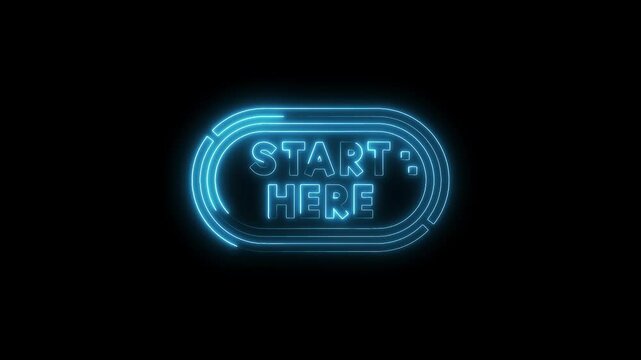 Blue neon start here sign on black background for tutorial and guidance videos